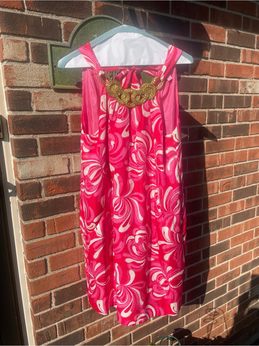 Lilly Pulitzer Women’s Silk Hot Pink & White Halter Dress with Gold Neckline